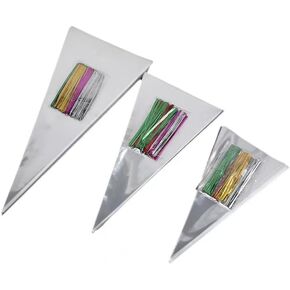 Muyindo 100 Pieces (5.1x9.8 Inch) Clear Bags Cone Bag Cello Bags Popcorn Bags Triangle Goody Bags with Colour Twist Ties for Candies Handmade Cookies Bags
