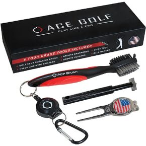 Golf Brush and Club Groove Cleaner Set with Divot Tool, Ball Marker, Groove Sharpener, 2 Ft Retractable Zip-line Aluminum Carabiner, Lightweight, Ergonomic Design, Attaches Golf Bags