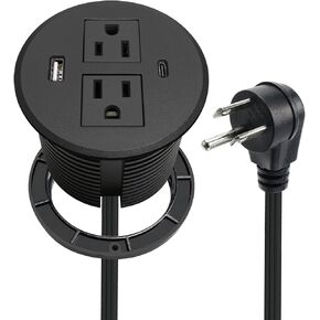 Desk Power Grommet USB C Total 30W, PD Fast Charge Desktop Power Strip 2 Outlets 2 USB Ports Recessed Flat Plug Extension Cord Mount into Countertop Shelf Cabinet End Table. (White)