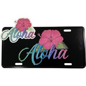 Aloha Hawaii Hibiscus Front License Plate with Colorful Embossed Letters Decorative Car Plate, Vanity Tag, Aluminum Novelty License Plate, 6X12 Inch & 1 Aloha Decal Sticker