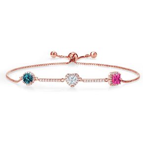 Keren Hanan Round Heart Princess 18K Rose Gold Plated Silver Bracelet Set Build your Own Personalized and Customized 3-Stone Round Heart & Princess Cut Birthstones (Fully Adjustable Up to 9 Inch)