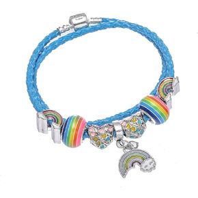 Rainbow Charm Bracelet Blue Leather Band Human Diversity & Unity of Mankind LGBQT Love & Justice for All to All Standard 5mm Size Fits Pandora Diameters