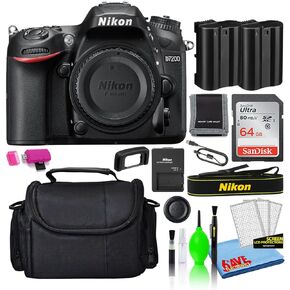 Nikon D7200 24.2MP DSLR Digital Camera (Body Only) (1554) Deluxe Bundle with SanDisk 64GB SD Card + Large Camera Bag + Spare EN-EL15 Battery + Deluxe Camera Cleaning Kit (Renewed)