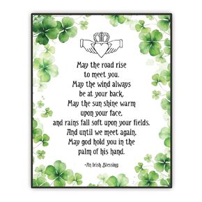 May The Road Rise To Meet You, Irish Blessing Wall Art Print, Christian Wall Art Decor, Ireland Gift, Wedding Gift, Four Leaf Clovers Poster, Home Bedroom Wall Decor, Irish Prayer, 8X10 inch Unframed