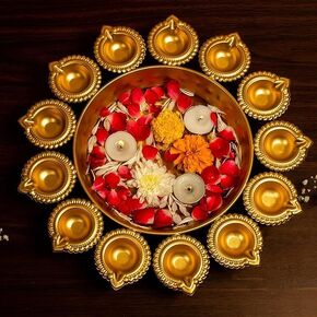 Diya Shape Flower Decorative Urli Bowl for Home Handcrafted Bowl for Floating Flowers and Tea Light Candles |Traditional Diya Urli Tealight Holder Office Wedding Décor (14 Inch)