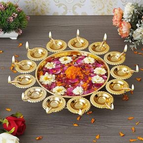 Diya Shape Flower Decorative Urli Bowl for Home Handcrafted Bowl for Floating Flowers and Tea Light Candles |Traditional Diya Urli Tealight Holder Office Wedding Décor (14 Inch) in Saudi Arabia