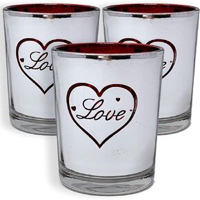 Sweetheart Lighted Love Candle Holders - Set of 3 - Silver Metallic Tealight Holders with Red Inside - Includes 3 LED Tealights - 2 1/2" H