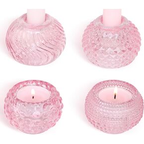 Vixdonos Round Glass Candlestick Holders Set of 4 Beads and Stripes Candle Holder Bulk for Taper Candle and Tealight Candle