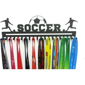 Unique Metal Wall Mount 'Soccer' Sports Medal Hanger, Lanyard Ribbon Display Holder Rack with Hooks, Simple Install, Great Gift for Kids (Boy) - Black