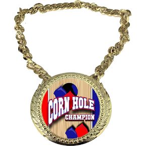 Express Medals Cornhole Bag Toss Champ Chain Trophy Award with a Center Plaque Plate Measuring 6 by 5.25 Inches and Includes a 34 Inch Chain with Black Velvet Presentation Bag.