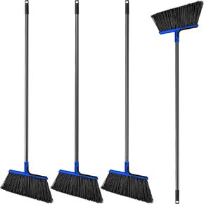 4 Pcs Broom Bulk Commercial Heavy Duty Broom 58 Inch Long Handle Outdoor Indoor Floor Cleaning Courtyard Home Kitchen (Blue)