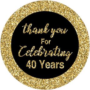 40th Birthday Thank You Stickers, Black and Gold 40th Birthday Favors, 40th Birthday Stickers, Thank You for Celebrating 40 Years Stickers, 1.75 Inch Round Circle Label Stickers, Pack of 50.