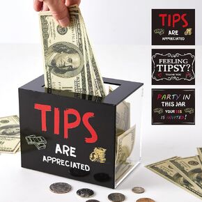 Acrylic Tips Jar for Money, Ideal for driver, Bartenders, Bars, Money Collection, Musicians' Tip Bucket, Restaurant Tip Jar,Tip Collection Jar Donation Suggestion Box(3 Different Stickers)