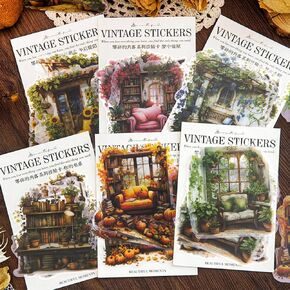 60PCS Vintage Scrapbooking Supplies, Flower Window Scrapbook Stickers Aesthetic Paper for Journaling Book Plant Sofa Cozy House Collage Decoupage Decorative Stickers for Junk Journal Gift Craft