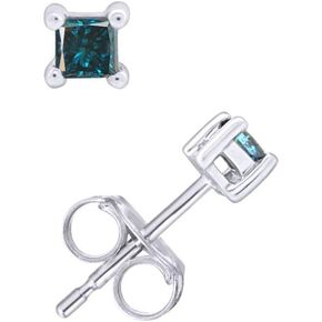 Princess Cut Blue Natural Diamond 1/5 Cttw - 1/3 Cttw Solitaire Stud Earrings For Women Men 14k Gold Push clutch & Sterling Silver