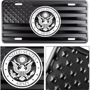 Army License Plate Tag Laser Etched on Embossed Black on Matt Black American Flag