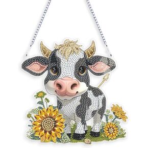 Eiflow DIY Hanging Diamonds Painting Pendant Cow Kit, 7.7x8inch Special Gem Art Painting Kit Ornament, Acrylic Diamond Art Board with Chain, Box Package