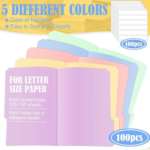 100 Pcs Plastic Manila File Folders Letter Size Waterproof 5 Colored 1/3 Cut Tabs Folders with Sticky Labels Plastic Folders 11.6 x 9 Inch File Folders for School Office in Saudi Arabia