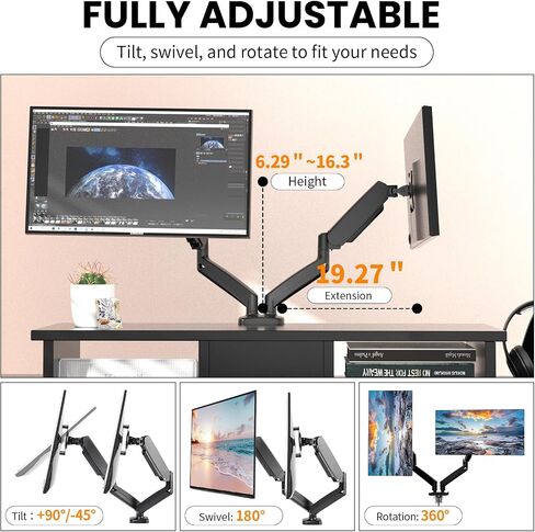 Dual Monitor Mount, 32’’Computer Monitor Stand for Desk, VESA Monitors Arm Adjustable Stands with Gas Spring Arms, C-Clamp and Grommet Mounting Base, Black in Saudi Arabia
