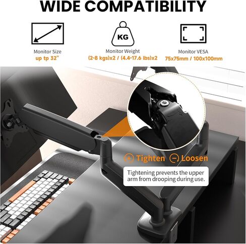 Dual Monitor Mount, 32’’Computer Monitor Stand for Desk, VESA Monitors Arm Adjustable Stands with Gas Spring Arms, C-Clamp and Grommet Mounting Base, Black in Saudi Arabia
