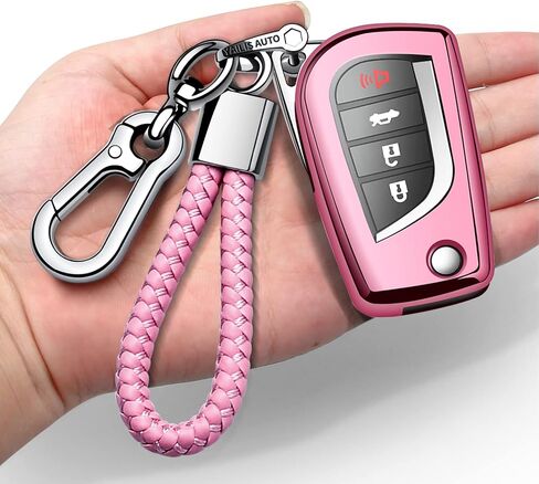 Autophone Compatible with Toyota Key Fob Cover with Keychain Soft TPU 360 Degree Protection Key Case for Fortuner Tundra Camry RAV4 Highlander Corolla Smart Key(Pink) in Saudi Arabia