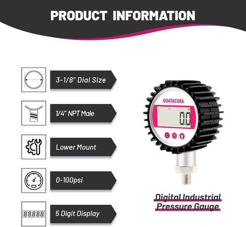 0-100psi Digital Industrial Pressure Gauge, 3-1/8" Dial Size, 1/4" NPT Lower Mount, 5 Digit Display, Stainless Steel Case and Connection, 0.25% High Accuracy, with Protective Sleeve in Saudi Arabia