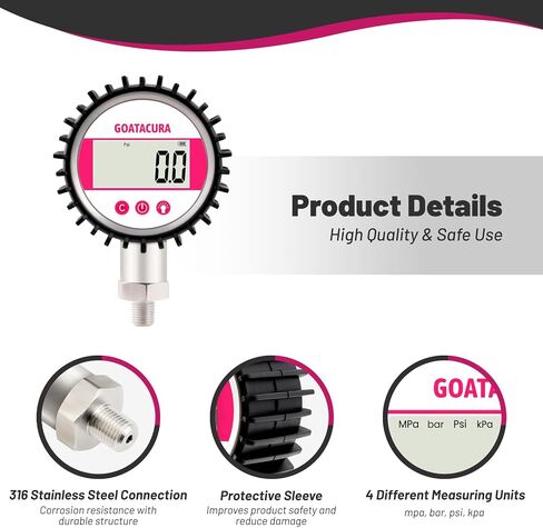 0-100psi Digital Industrial Pressure Gauge, 3-1/8" Dial Size, 1/4" NPT Lower Mount, 5 Digit Display, Stainless Steel Case and Connection, 0.25% High Accuracy, with Protective Sleeve in Saudi Arabia