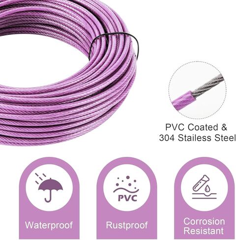 أسلاك خط الملابس باللون الأرجواني الوردي، حبل سلك مطلي بالبولي فينيل كلوريد بطول 100 قدم من Sunwuk، 1/8 بوصة 304 من الفولاذ المقاوم للصدأ، 7 × 7 من الفولاذ المعدني، مثالي لتسلق النباتات، تعليق شراع الظل in Kuwait