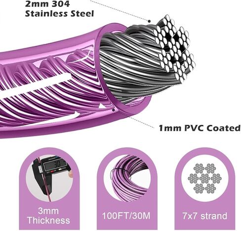 أسلاك خط الملابس باللون الأرجواني الوردي، حبل سلك مطلي بالبولي فينيل كلوريد بطول 100 قدم من Sunwuk، 1/8 بوصة 304 من الفولاذ المقاوم للصدأ، 7 × 7 من الفولاذ المعدني، مثالي لتسلق النباتات، تعليق شراع الظل in Kuwait