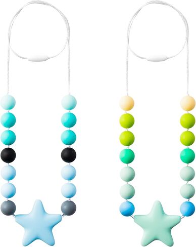 Chew Toys 2Pcs Sensory Chew Necklace for Boys Girls Blue Star Silicone Chewable Jewelry Beads Colorful Chew Teether Necklace Autism ADHD SPD Baby Oral Motor Chewing Pendant Biting Nursing Teething Toy in Kuwait