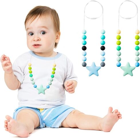 Chew Toys 2Pcs Sensory Chew Necklace for Boys Girls Blue Star Silicone Chewable Jewelry Beads Colorful Chew Teether Necklace Autism ADHD SPD Baby Oral Motor Chewing Pendant Biting Nursing Teething Toy in Kuwait