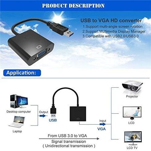 محول USB إلى VGA للشاشة، محول VGA إلى USB 3.0/2.0 كابل فيديو متعدد الشاشات 1080P لأجهزة الكمبيوتر المحمول المكتبية إلى الشاشات وجهاز العرض والتلفزيون. (لا يدعم جهاز Chromebook، نظام التشغيل Windows 11 غير مدعوم،) in Kuwait