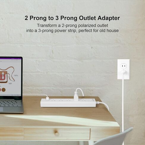 2 Prong Power Strip, 10FT Long Extension Cord Surge Protector, 5 Outlets and 3 USB, 13A/1625W, Polarized Two Prong to Three Prong Outlet Adapter Converter, Wall Mount, White in Saudi Arabia