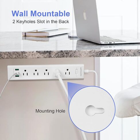 2 Prong Power Strip, 10FT Long Extension Cord Surge Protector, 5 Outlets and 3 USB, 13A/1625W, Polarized Two Prong to Three Prong Outlet Adapter Converter, Wall Mount, White in Saudi Arabia