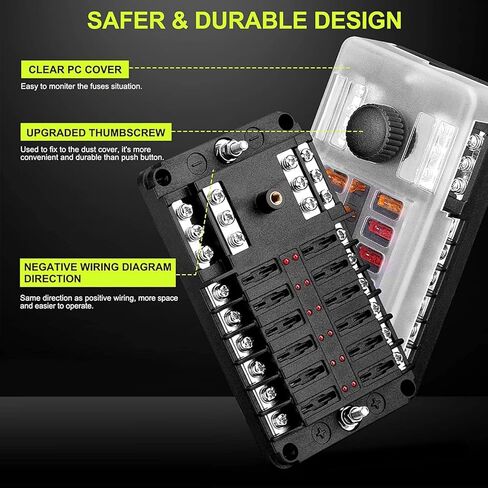 EXTRACTME ترقية 12 طريقة صندوق كتلة الصمامات مع الإبهام ومؤشر LED، 12 دائرة شفرة حامل صندوق الصمامات مع ملصق ملصق غطاء مقاوم للرطوبة للحافلة السلبية لـ 12V / 24V Auto Car RV Marine Boat and Yacht in Kuwait