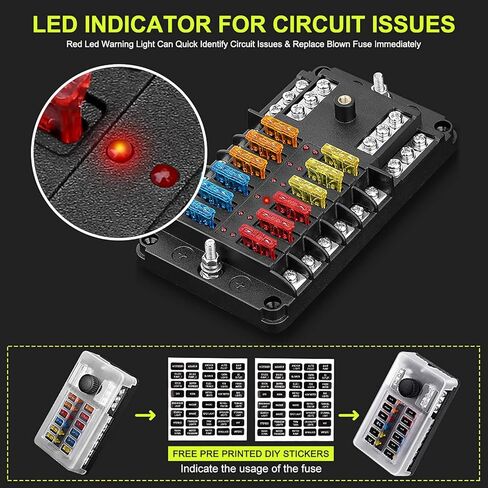 EXTRACTME ترقية 12 طريقة صندوق كتلة الصمامات مع الإبهام ومؤشر LED، 12 دائرة شفرة حامل صندوق الصمامات مع ملصق ملصق غطاء مقاوم للرطوبة للحافلة السلبية لـ 12V / 24V Auto Car RV Marine Boat and Yacht in Kuwait
