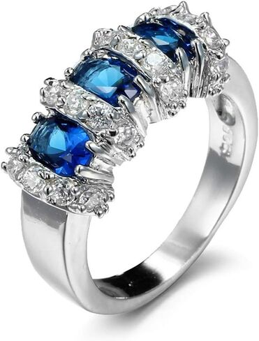 925 Sterling Silver Fashion Natural Emerald Sapphire Ring Oval Perfect Cut 3-Stone Rainbow Cubic Zirconia Rings CZ Classical Eternity Engagement Wedding Band Ring for Women (Sapphire, US Code 6) in Saudi Arabia