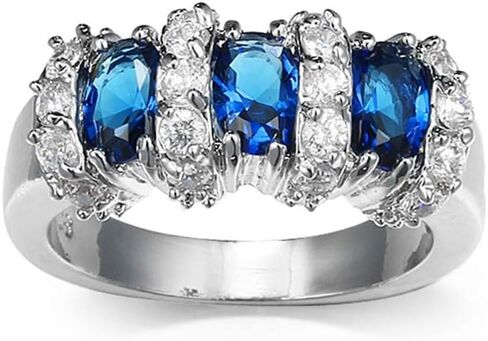 925 Sterling Silver Fashion Natural Emerald Sapphire Ring Oval Perfect Cut 3-Stone Rainbow Cubic Zirconia Rings CZ Classical Eternity Engagement Wedding Band Ring for Women (Sapphire, US Code 6) in Saudi Arabia