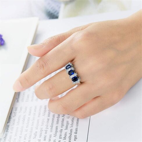 925 Sterling Silver Fashion Natural Emerald Sapphire Ring Oval Perfect Cut 3-Stone Rainbow Cubic Zirconia Rings CZ Classical Eternity Engagement Wedding Band Ring for Women (Sapphire, US Code 6) in Saudi Arabia
