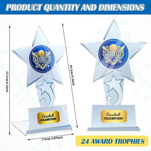 24 Pcs Clear Acrylic Baseball Champion Trophy Award Bulk for Adult Baseball Player 6.5 Inch Star MVP Medals Participation Award Trophies for Sports Competition Rewards Prizes in Saudi Arabia