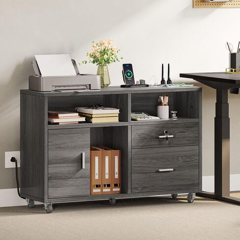 DWVO 2 Drawer File Cabinet with Charging Station, Mobile Filing Cabinet with Lock, Grey in Saudi Arabia