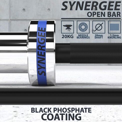 Synergee Open 15kg and 20kg Black Phosphate and Chrome Olympic Barbell. Rated 1000lbs for Weightlifting and Powerlifting. in Saudi Arabia