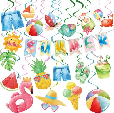ديكورات حفلات حمام السباحة الصيفية، ديكورات حفلات الشاطئ، ديكورات صيفية ملونة، دوامات معلقة للمنزل والمكتب والفصول الدراسية وديكور حفلات أعياد الميلاد على شاطئ هاواي، 61 حزمة in Kuwait