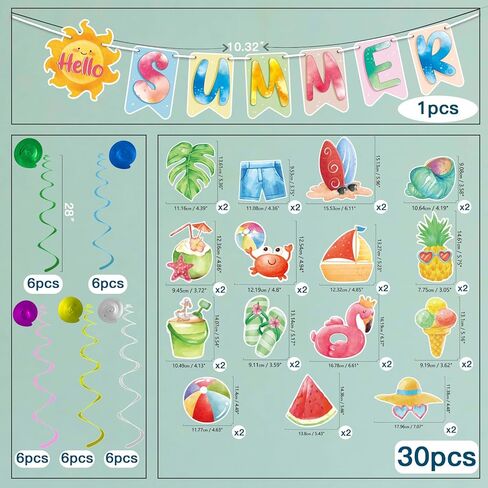 ديكورات حفلات حمام السباحة الصيفية، ديكورات حفلات الشاطئ، ديكورات صيفية ملونة، دوامات معلقة للمنزل والمكتب والفصول الدراسية وديكور حفلات أعياد الميلاد على شاطئ هاواي، 61 حزمة in Kuwait