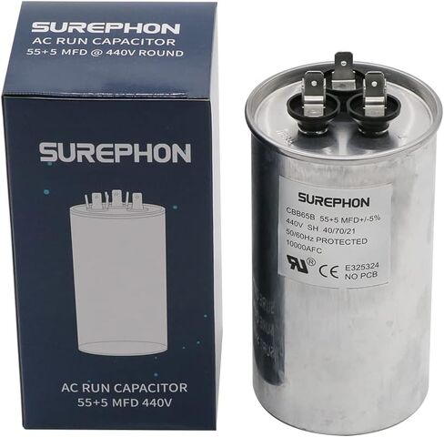 مكثف تشغيل CBB65 للتيار المتردد 55/5 فائق التوهج 55+5 MFD مزدوج 370-440 فولت، يعمل في أنظمة التدفئة والتهوية وتكييف الهواء، ومكيفات الهواء، والمضخات الحرارية in Kuwait