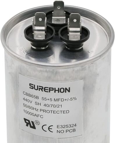 مكثف تشغيل CBB65 للتيار المتردد 55/5 فائق التوهج 55+5 MFD مزدوج 370-440 فولت، يعمل في أنظمة التدفئة والتهوية وتكييف الهواء، ومكيفات الهواء، والمضخات الحرارية in Kuwait