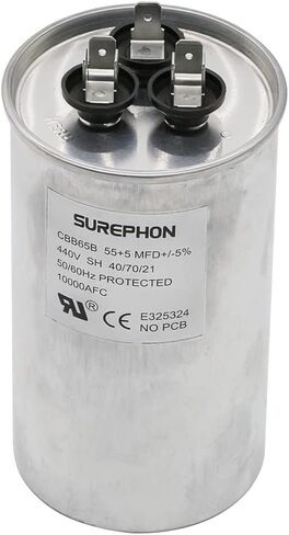 مكثف تشغيل CBB65 للتيار المتردد 55/5 فائق التوهج 55+5 MFD مزدوج 370-440 فولت، يعمل في أنظمة التدفئة والتهوية وتكييف الهواء، ومكيفات الهواء، والمضخات الحرارية in Kuwait