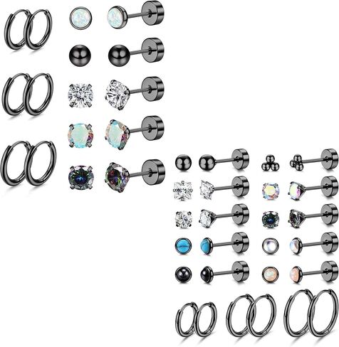 Jstyle أقراط فولاذية جراحية للأذنين الحساسة لا تسبب الحساسية 20 جرام مجموعة أقراط حلقية للنساء والرجال كرة أوبال صغيرة تشيكوسلوفاكيا من الفولاذ الجراحي أقراط غضروف مسطحة الظهر - لون أسود in Kuwait