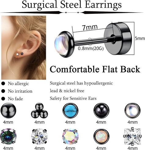 Jstyle أقراط فولاذية جراحية للأذنين الحساسة لا تسبب الحساسية 20 جرام مجموعة أقراط حلقية للنساء والرجال كرة أوبال صغيرة تشيكوسلوفاكيا من الفولاذ الجراحي أقراط غضروف مسطحة الظهر - لون أسود in Kuwait