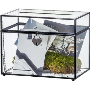 NCYP Wedding Card Box with Slot and Lock - 9.8x5.6x7.7 inches - Black Glass Envelope Box with Lid for Birthday Party Reception - Vintage Rectangular Centerpiece Decoration (Glass Box Only)